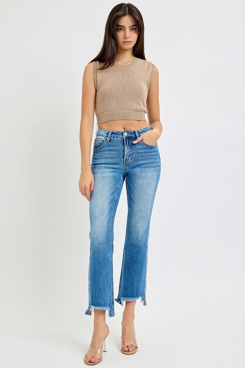 RISEN TUMMY CONTROL MID RISE CROP BOOTCUT UNBALANCED HEM JEANS