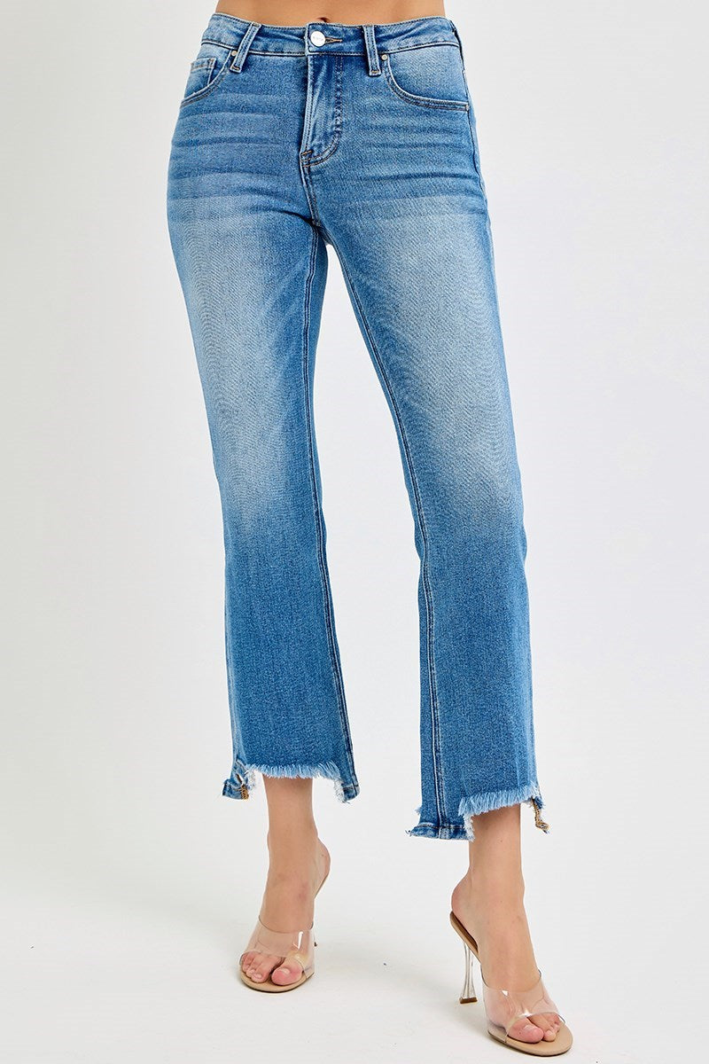 RISEN TUMMY CONTROL MID RISE CROP BOOTCUT UNBALANCED HEM JEANS