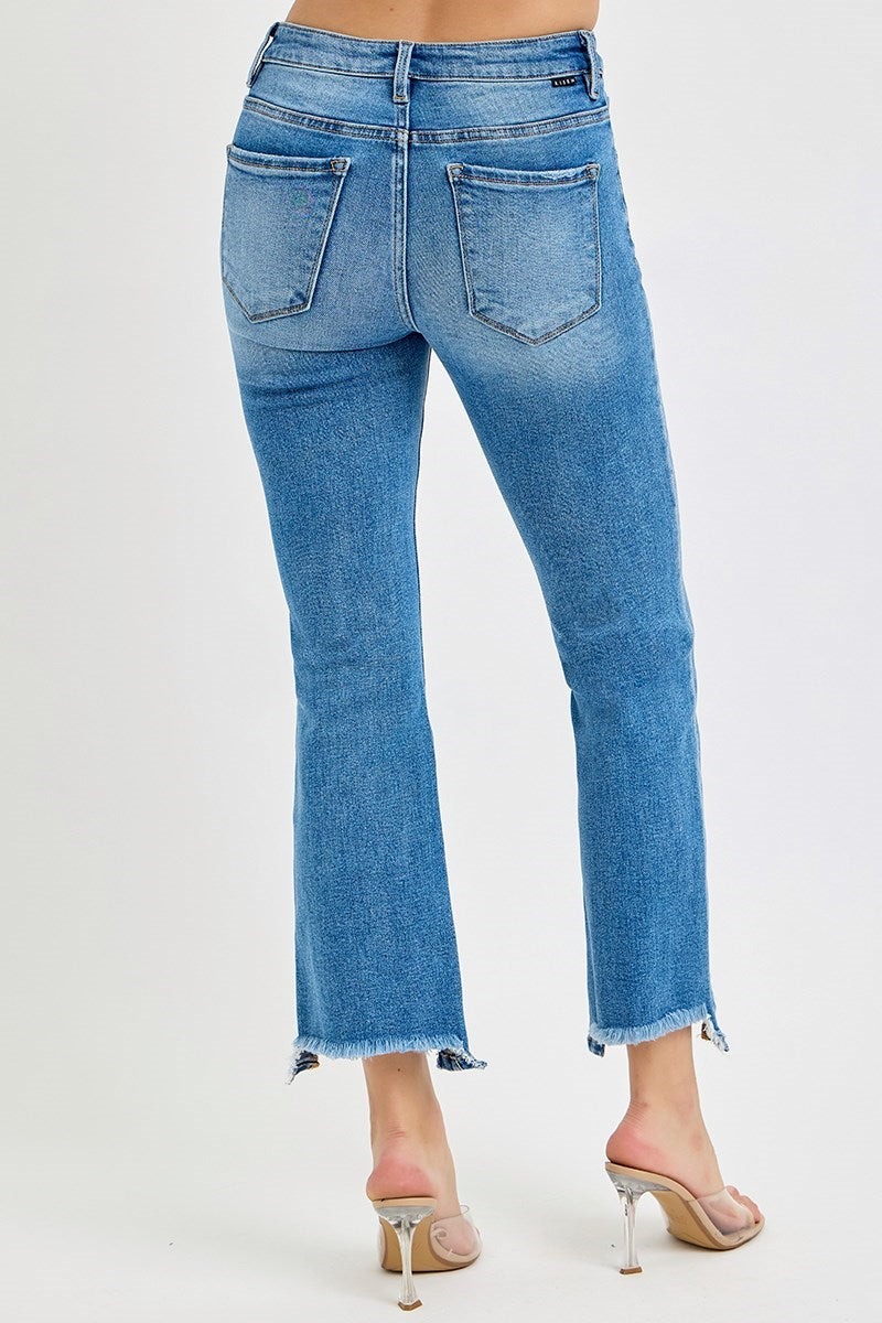 RISEN TUMMY CONTROL MID RISE CROP BOOTCUT UNBALANCED HEM JEANS