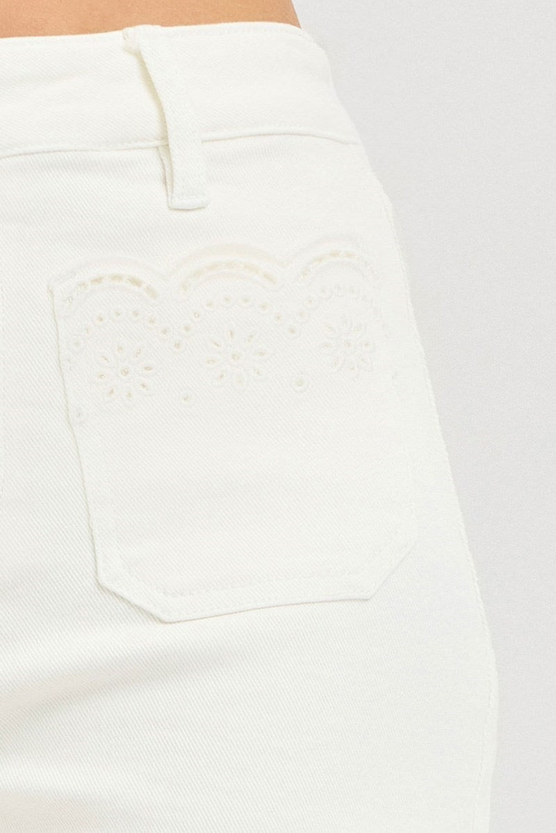 RISEN HIGH RISE SHORTS WITH SCALLOPED EYELET EMBROIDERED POCKETS