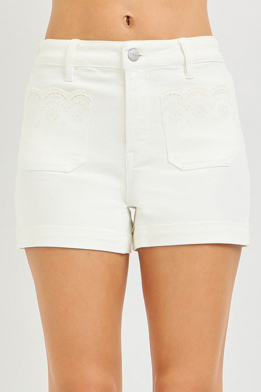 RISEN HIGH RISE SHORTS WITH SCALLOPED EYELET EMBROIDERED POCKETS