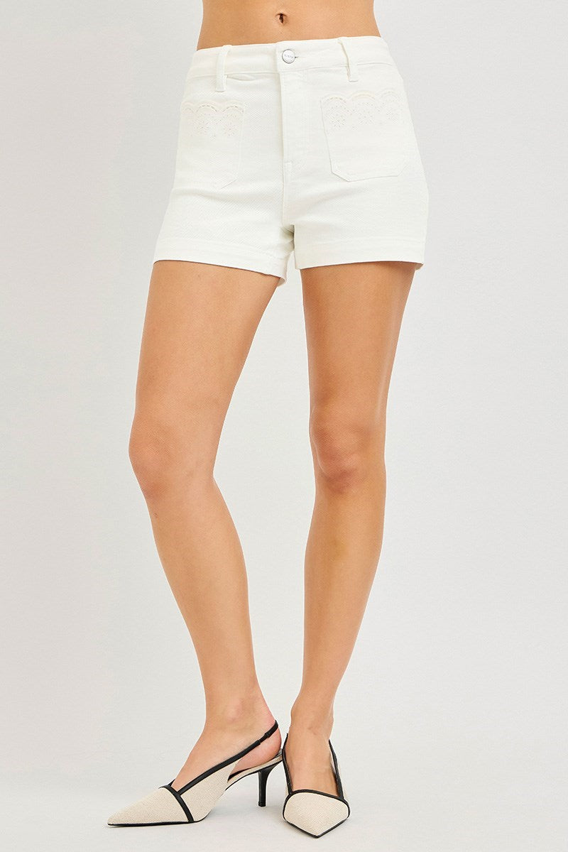 RISEN HIGH RISE SHORTS WITH SCALLOPED EYELET EMBROIDERED POCKETS