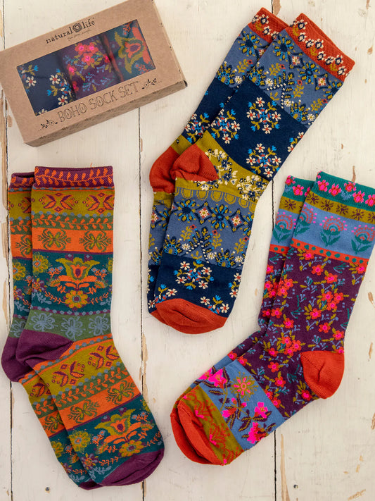 Natural Life Boxed Plum Floral Boho Sock Set, Set of 3