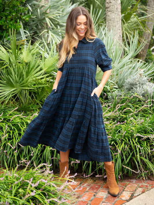 Natural Life Rebecca Flannel Midi Dress-Blue Black Plaid