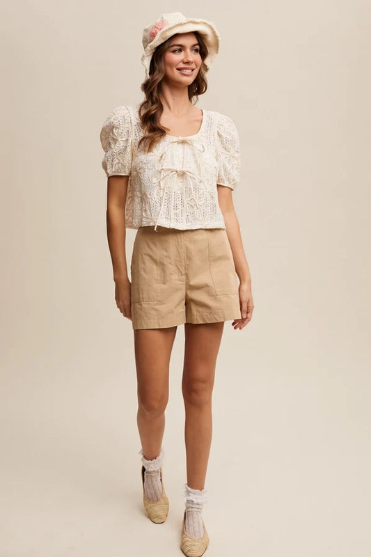 Embroidery Crochet Lace Puff Sleeve Blouse