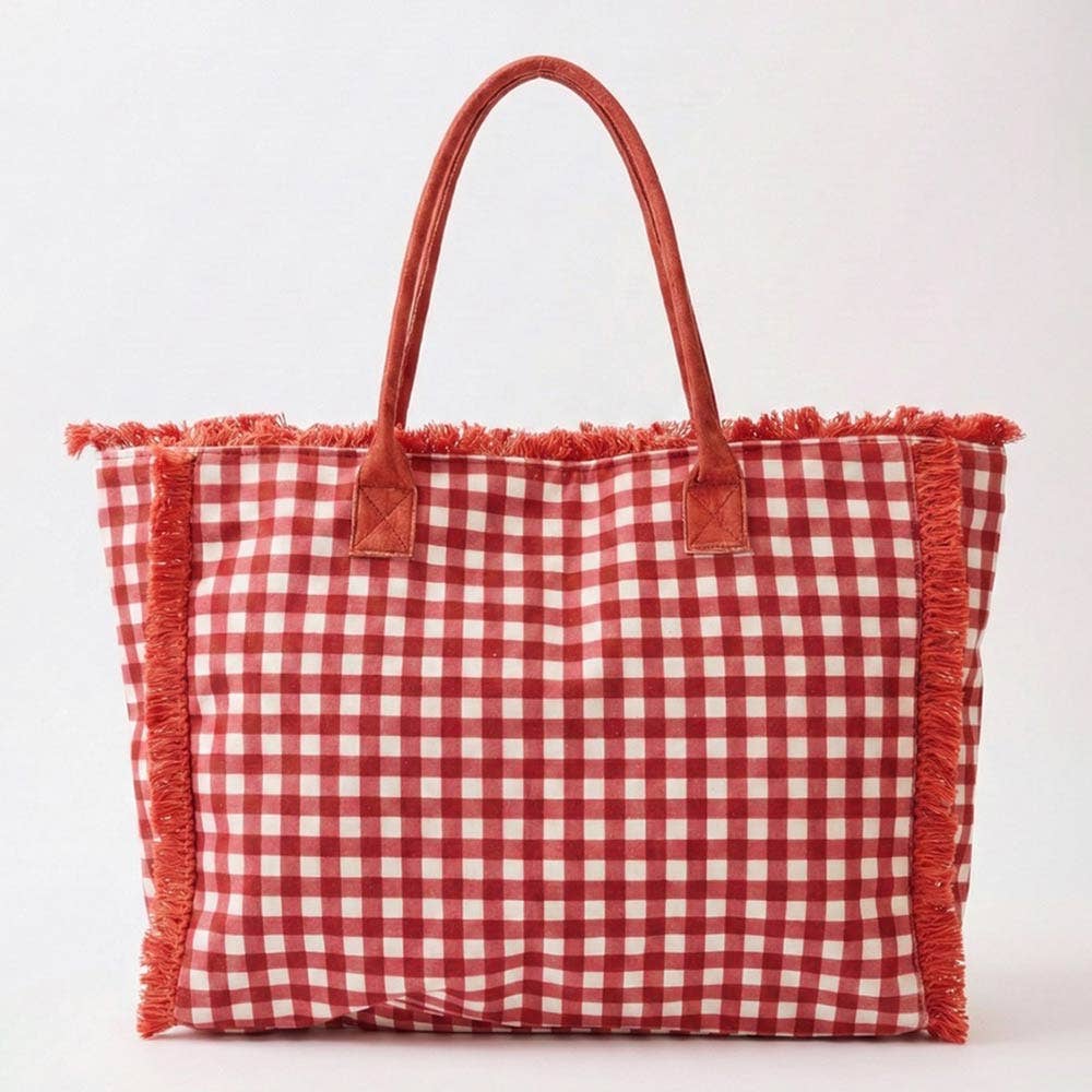 Gingham Check Terry Cloth Frayed Shoulder Tote Bag