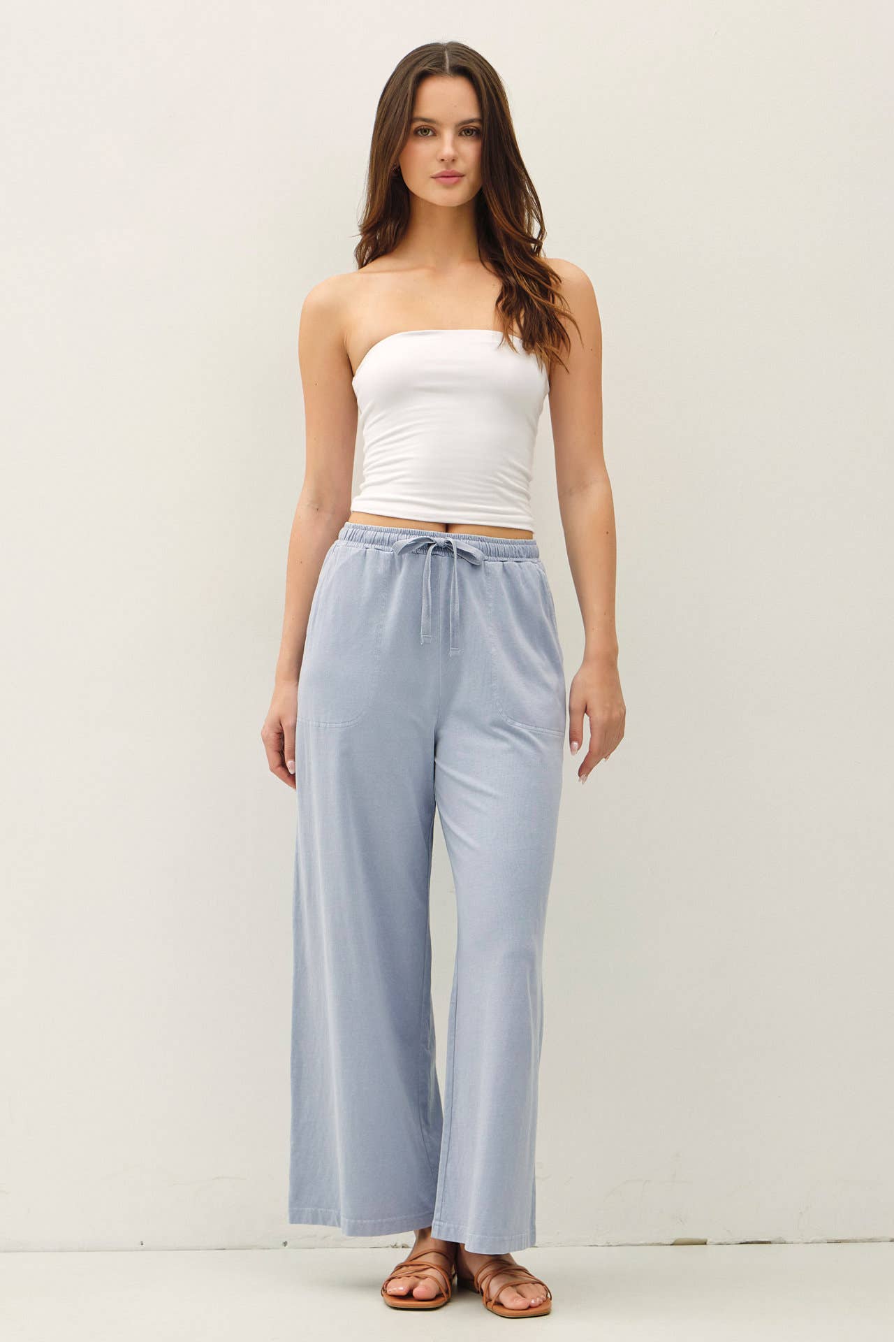 GARMENT-DYED COTTON100 WIDE LEG JERSEY PANTS