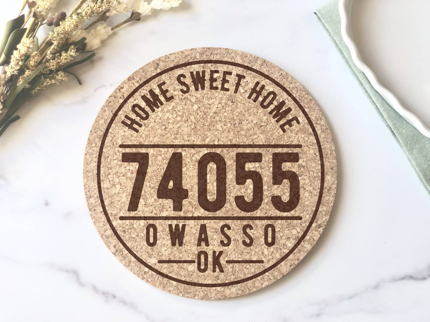 Custom 62035 Zip Code and City Cork Trivet Hot Pad - Circle