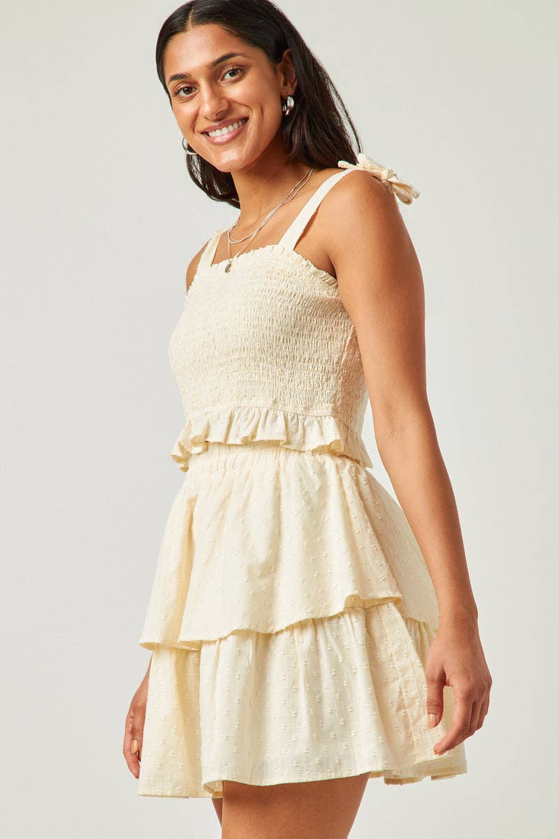 Womens Swiss Dot Ruffled Bow Tie Smocked Crop Tank
