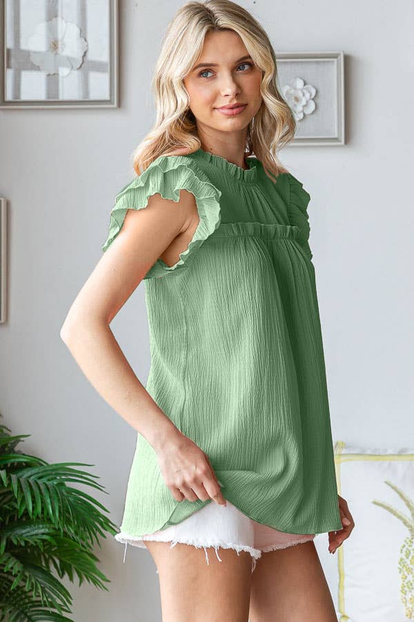 [PLUS SIZE] Crinkle Keyhole Ruffle Mock Neck Blouse T5519XL
