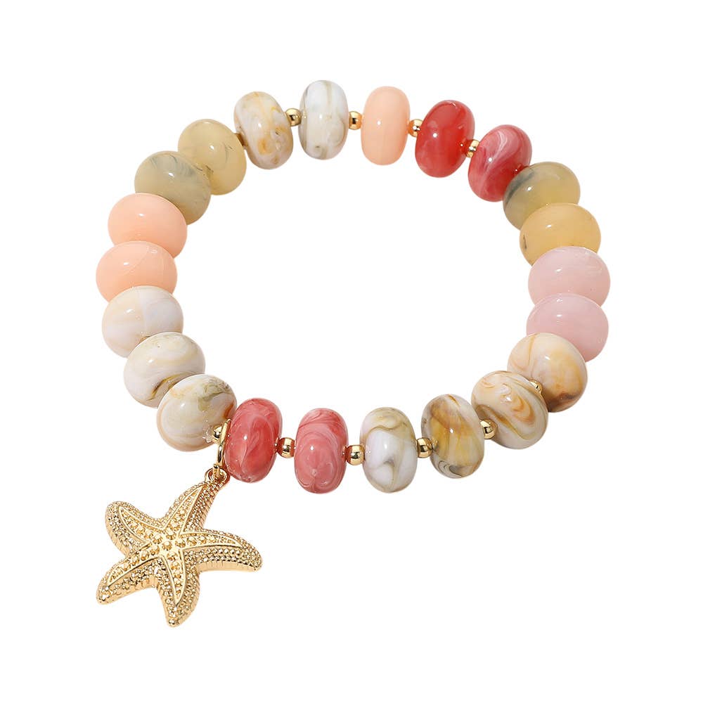 Textured Metal Starfish Charm Accent Resin Pebble Beaded Stretch Bracelet