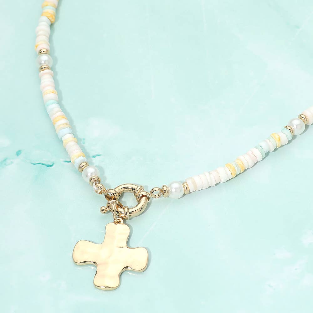 Hammered Metal Cross Charm Pendant Accent Pearl Flat Beaded Necklace