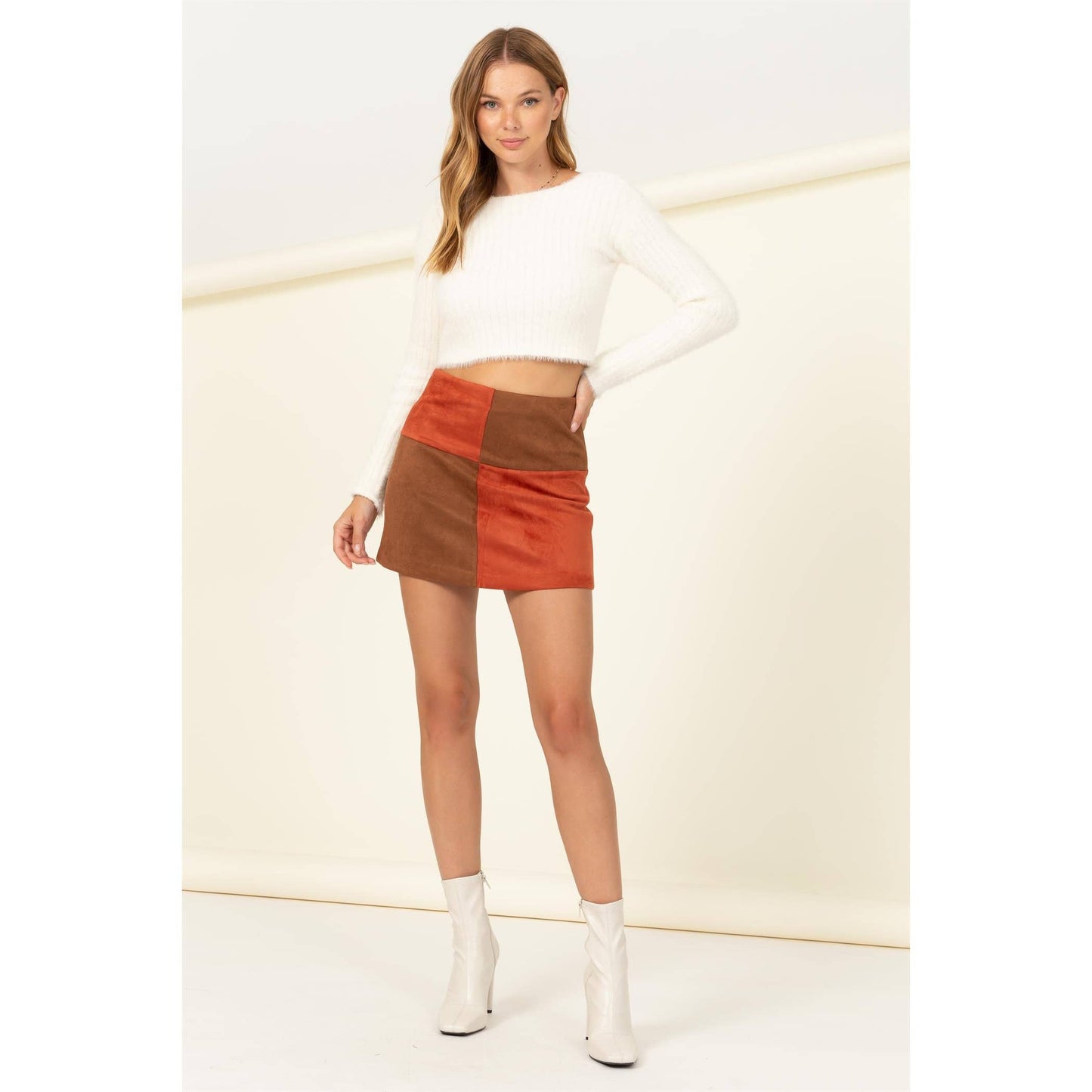 FAUX SUEDE COLOR BLOCK MINI SKIRT