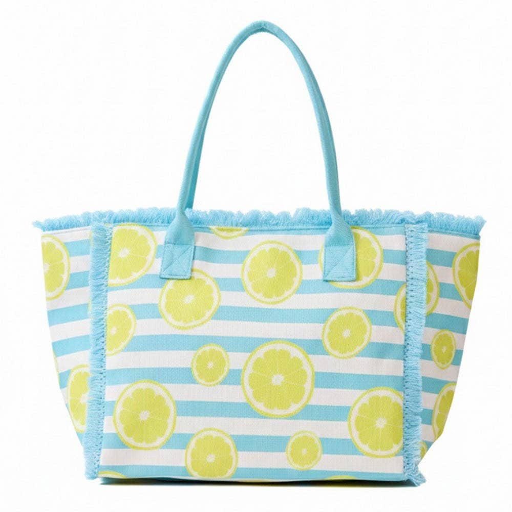 Lemon Pattern Stripe Fringe Trim Shoulder Tote Bag