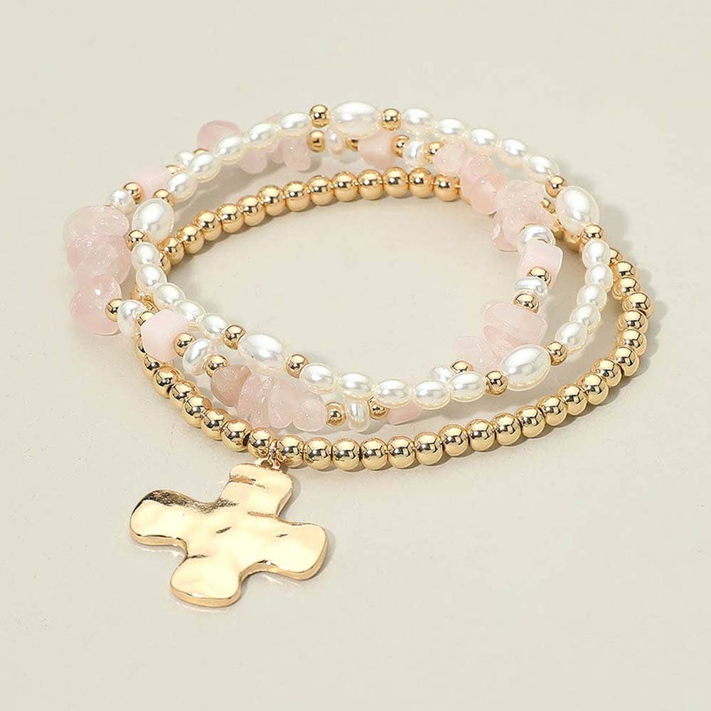 Hammered Metal Cross Charm Pearl Beaded Stretch Multi Layered Bracelets-3 PCS