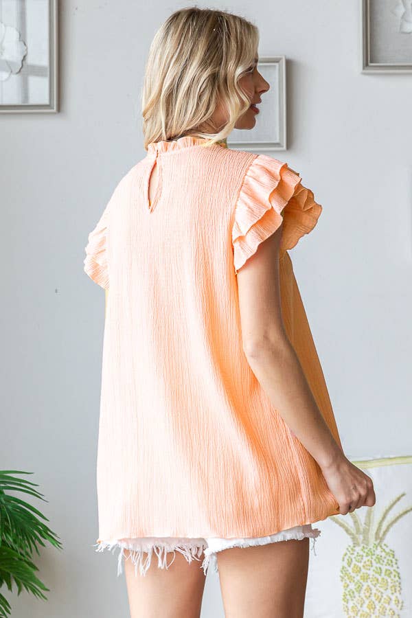 [PLUS SIZE] Crinkle Keyhole Ruffle Mock Neck Blouse T5519XL