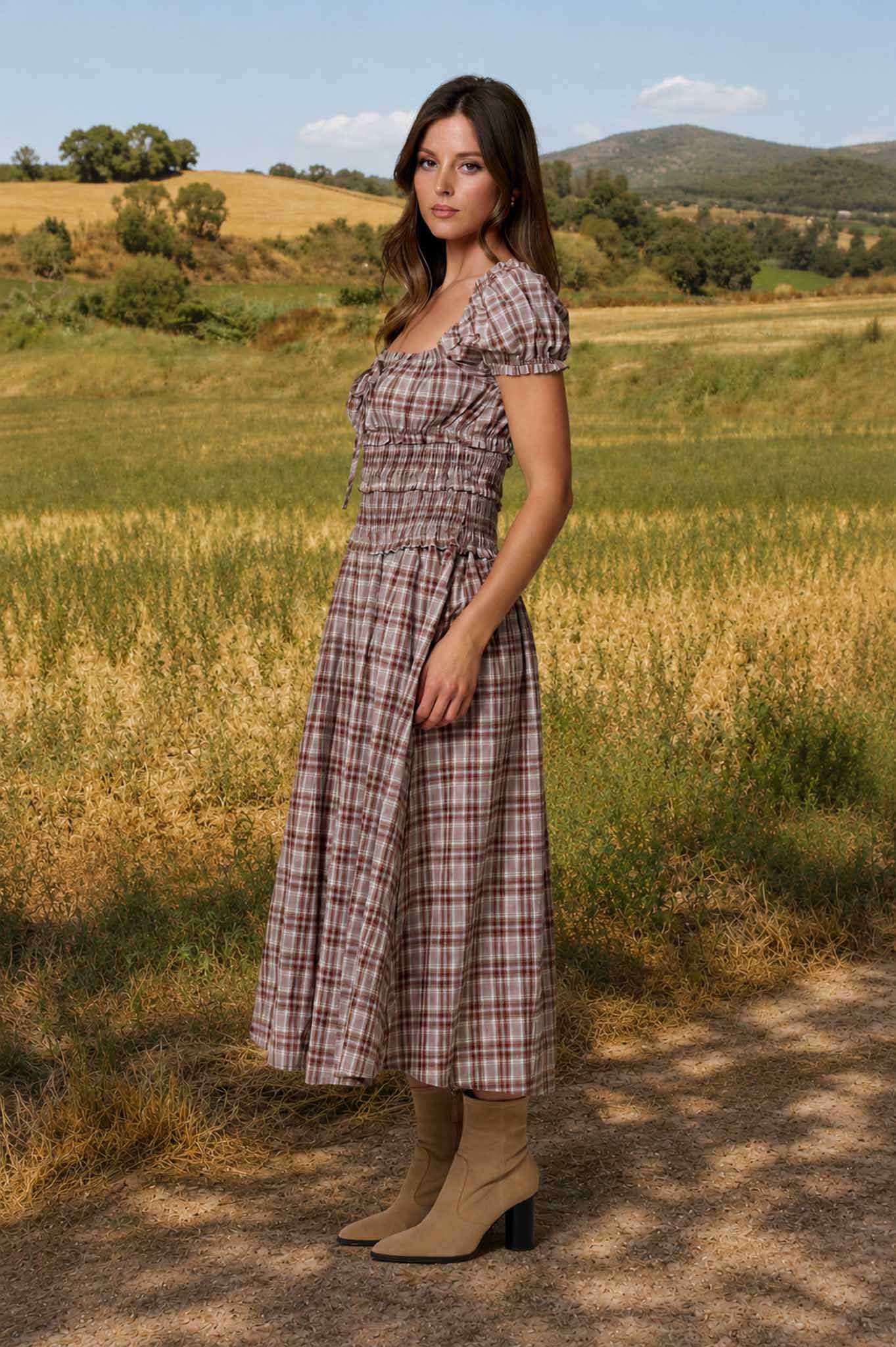 PLAID PUFF SLEEVE RUFFLED SMOCKED WAIST MIDI DRESS