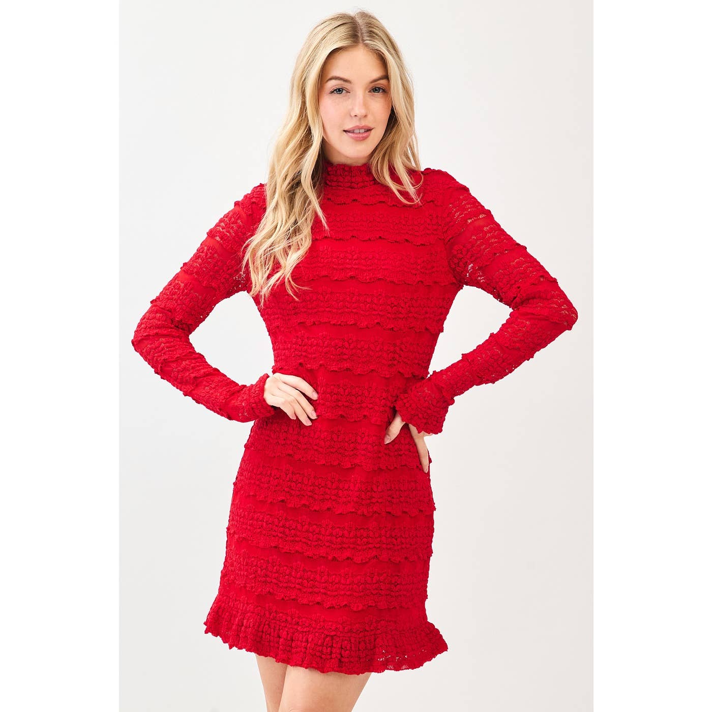 RUFFLE LACE MOCK NECK LONG SLEEVE MINI DRESS