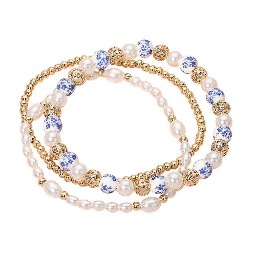 Pearl Ceramic Metal Ball Beaded Stretch Bracelets-3 PCS