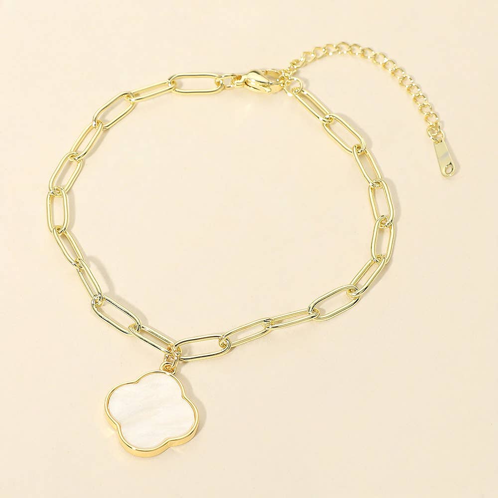 Stainless Steel Mother of Pearl Quatrefoil Charm Paperclip Chain Anklet