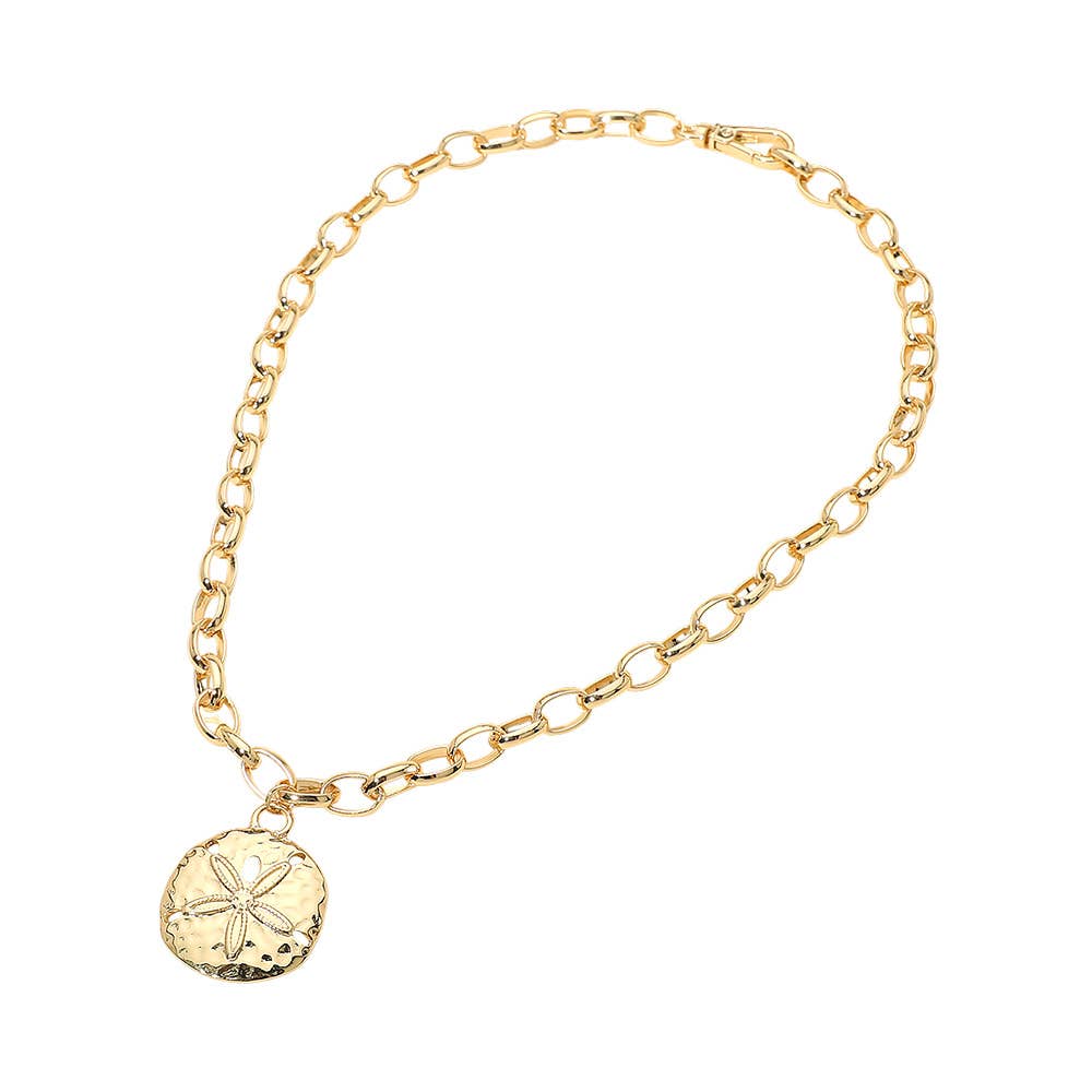 Hammered Metal Sand Dollar Pendant Chunky Chain Necklace