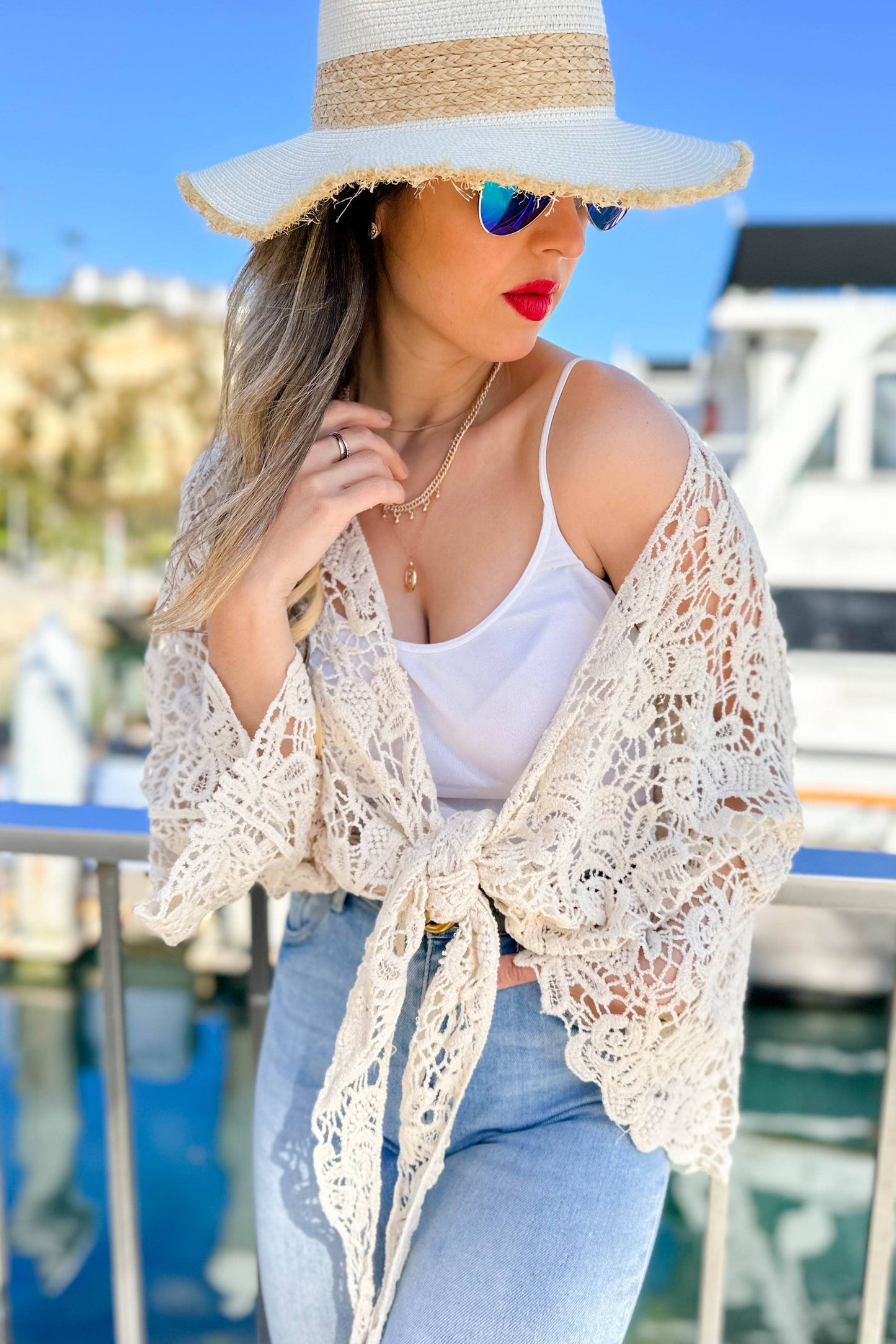 Ivory Floral Crochet Bell Sleeve Open Front Cardigan CoverUp