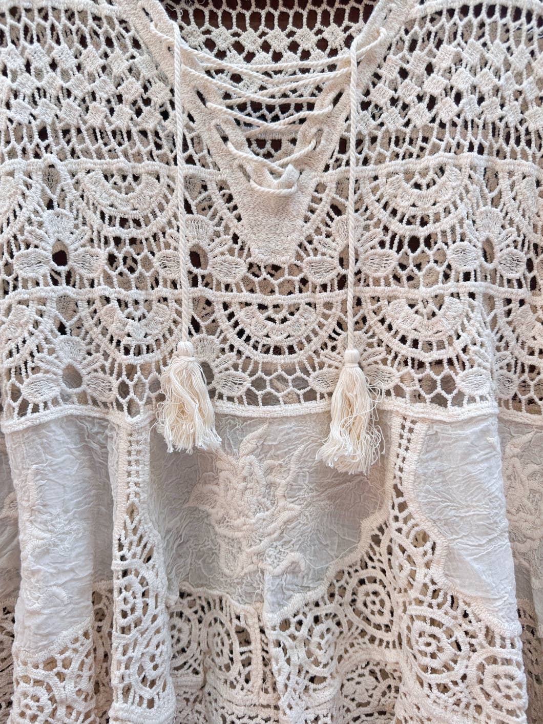 Boho Crochet Lace Up Top with 3/4 Sleeves and Tassel Detail