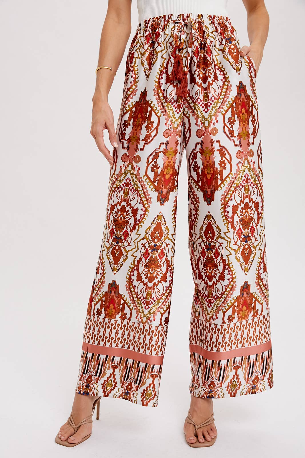 BORDER PRINT WIDE LEG PANTS