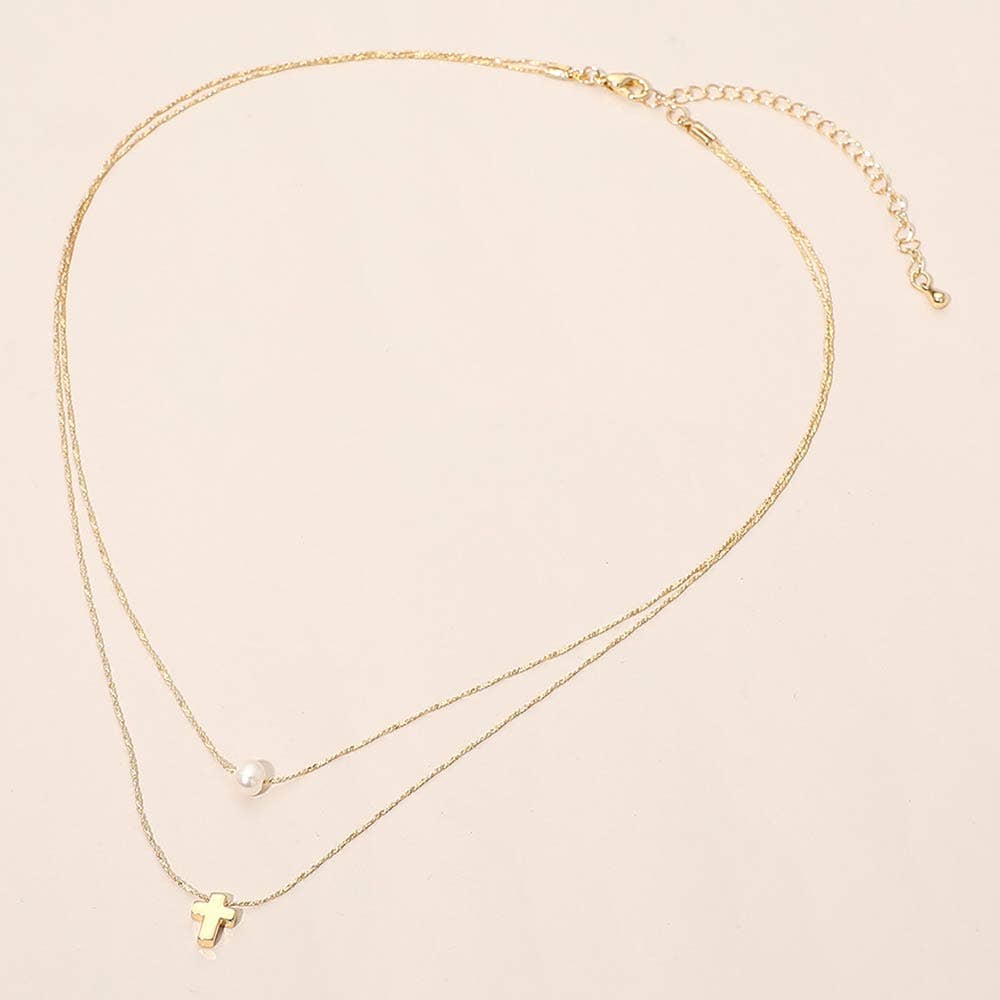 Mini Cross Pearl Pendant Accent Layered Necklace