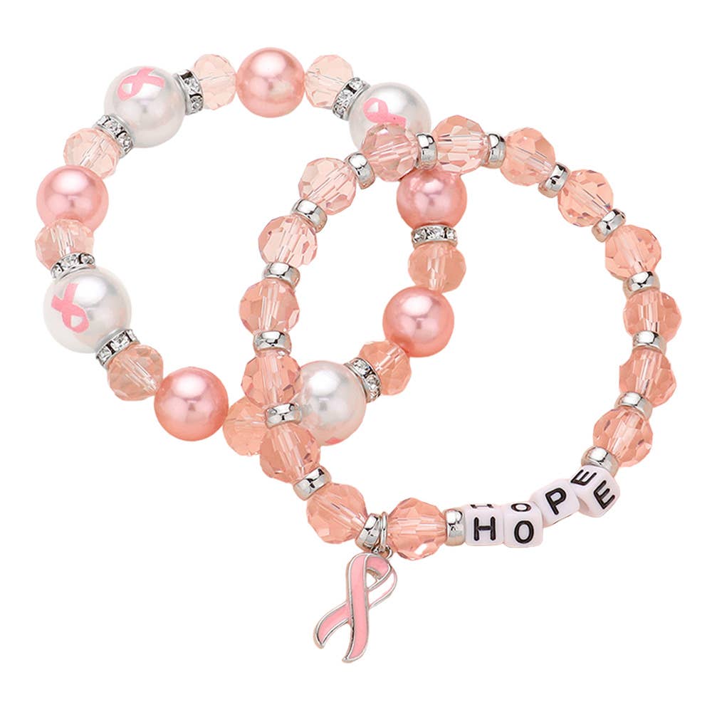 HOPE Message Pointed Pink Ribbon Charm Bracelets-2 PCS