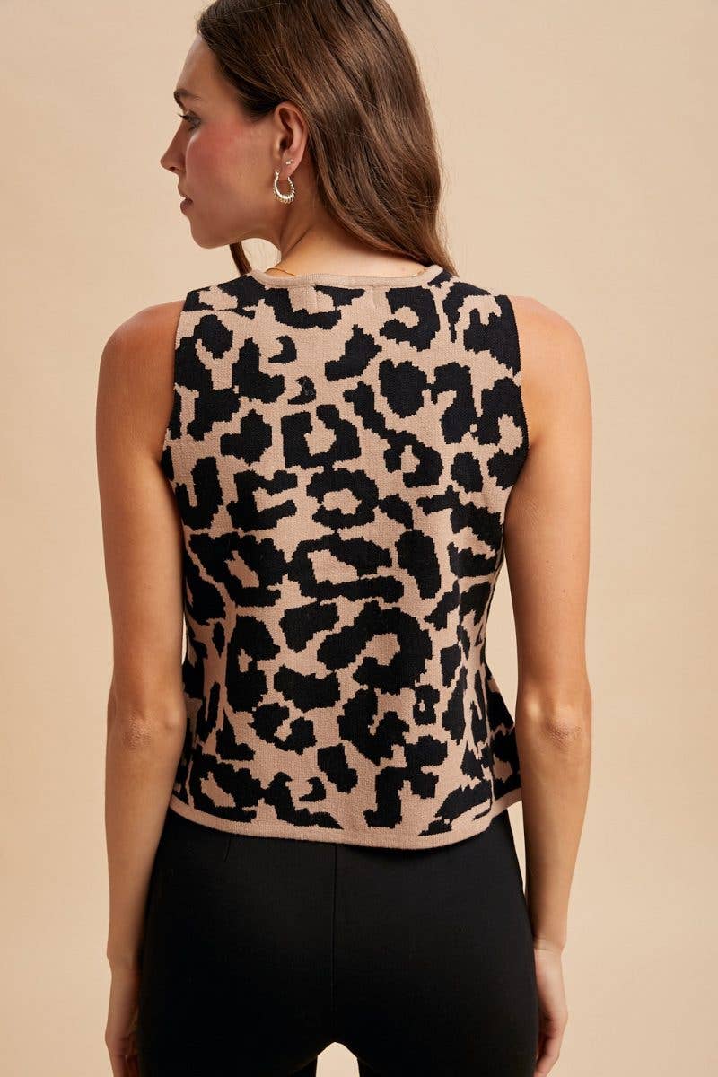 Leopard Jacquard Metal Button Sweater Vest