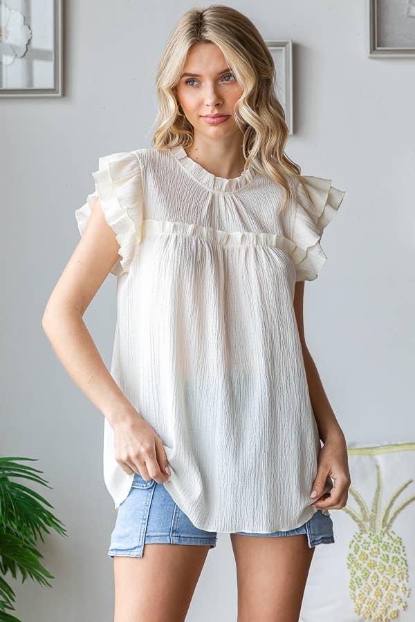 [PLUS SIZE] Crinkle Keyhole Ruffle Mock Neck Blouse T5519XL