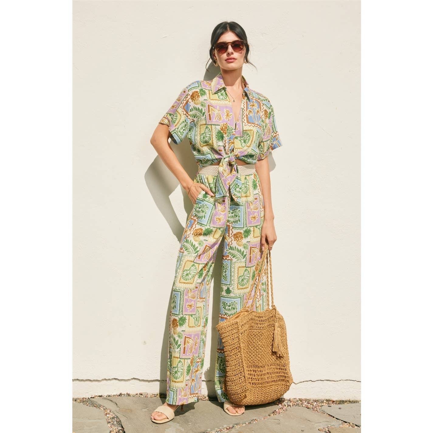 Tropical Conversational Decorative Waist Wide Leg Pants
