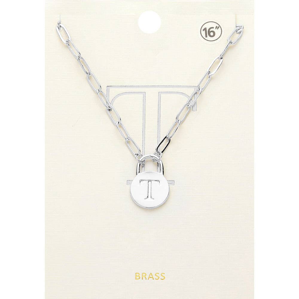 Brass Metal Initial Monogram Lock Pendant Necklace