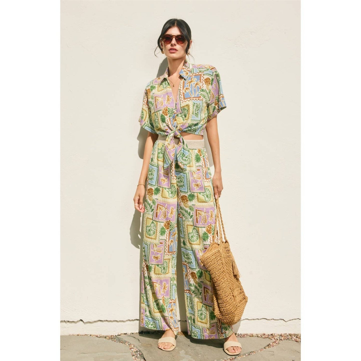 Tropical Conversational Decorative Waist Wide Leg Pants