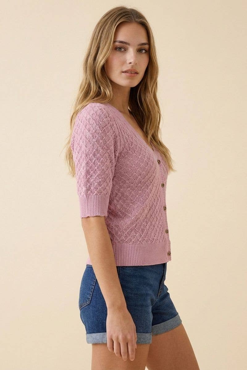 POINTELLE SHORT SLEEVE CARDIGAN WITH ROSE BUTTONS