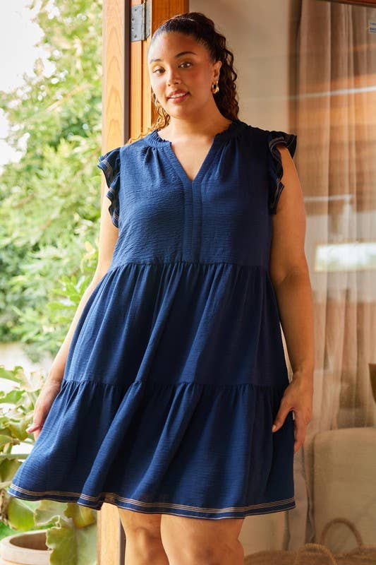 Plus Size Contrast Stitch Tiered Babydoll Dress