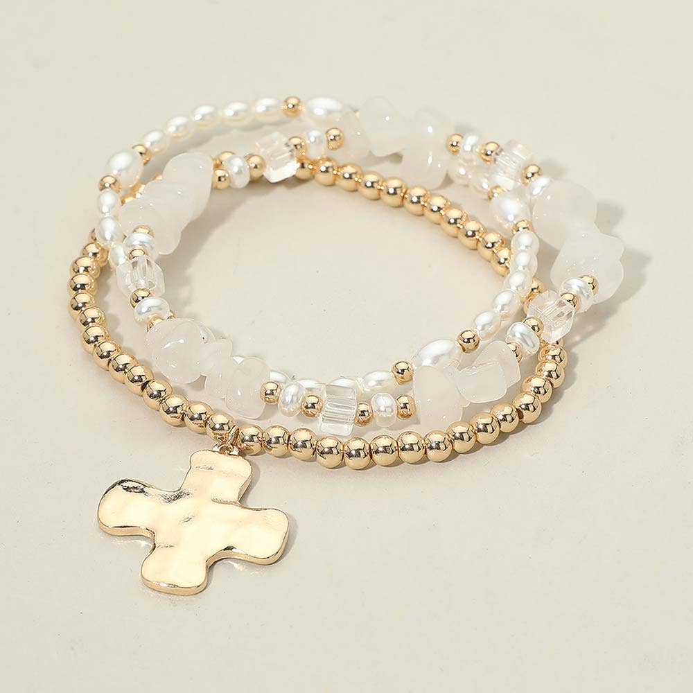 Hammered Metal Cross Charm Pearl Beaded Stretch Multi Layered Bracelets-3 PCS
