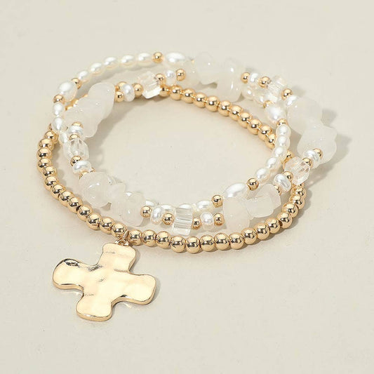 Hammered Metal Cross Charm Pearl Beaded Stretch Multi Layered Bracelets-3 PCS