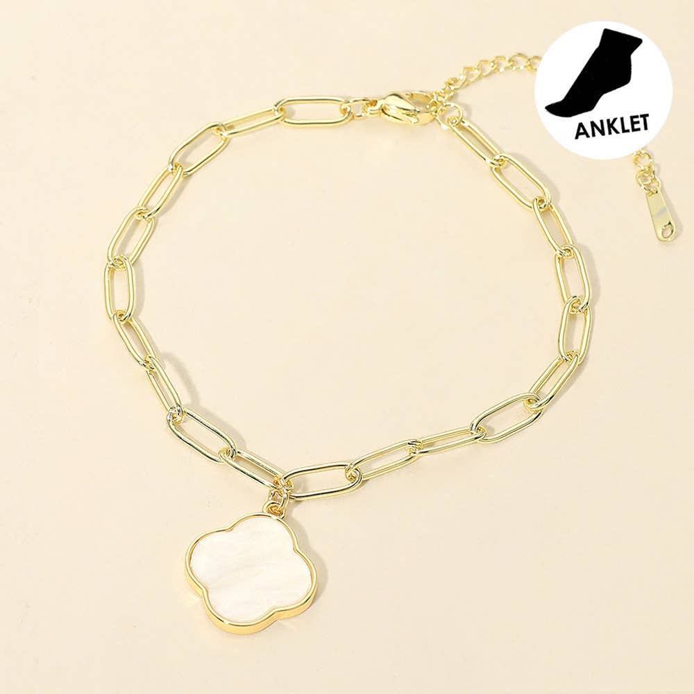 Stainless Steel Mother of Pearl Quatrefoil Charm Paperclip Chain Anklet