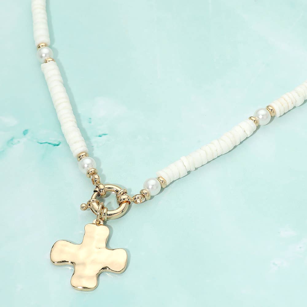 Hammered Metal Cross Charm Pendant Accent Pearl Flat Beaded Necklace