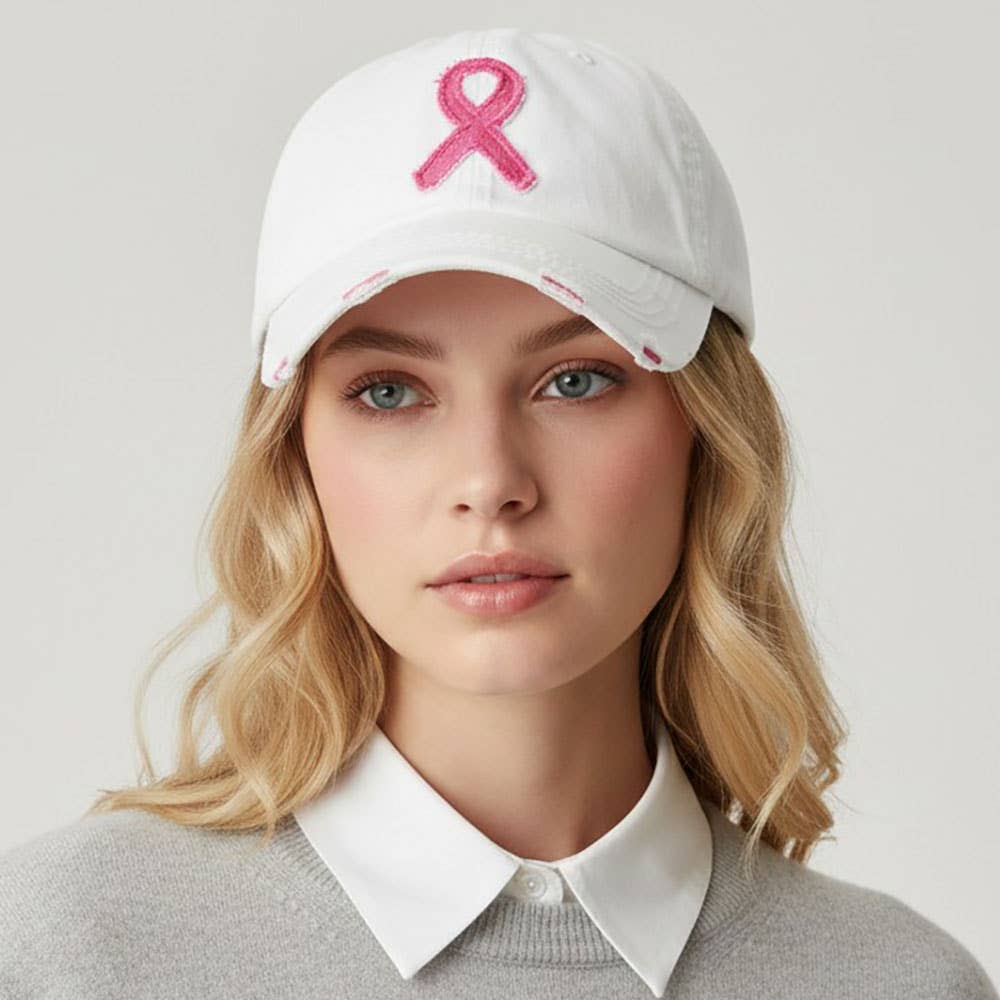 Pink Ribbon Accented Vintage Baseball Cap