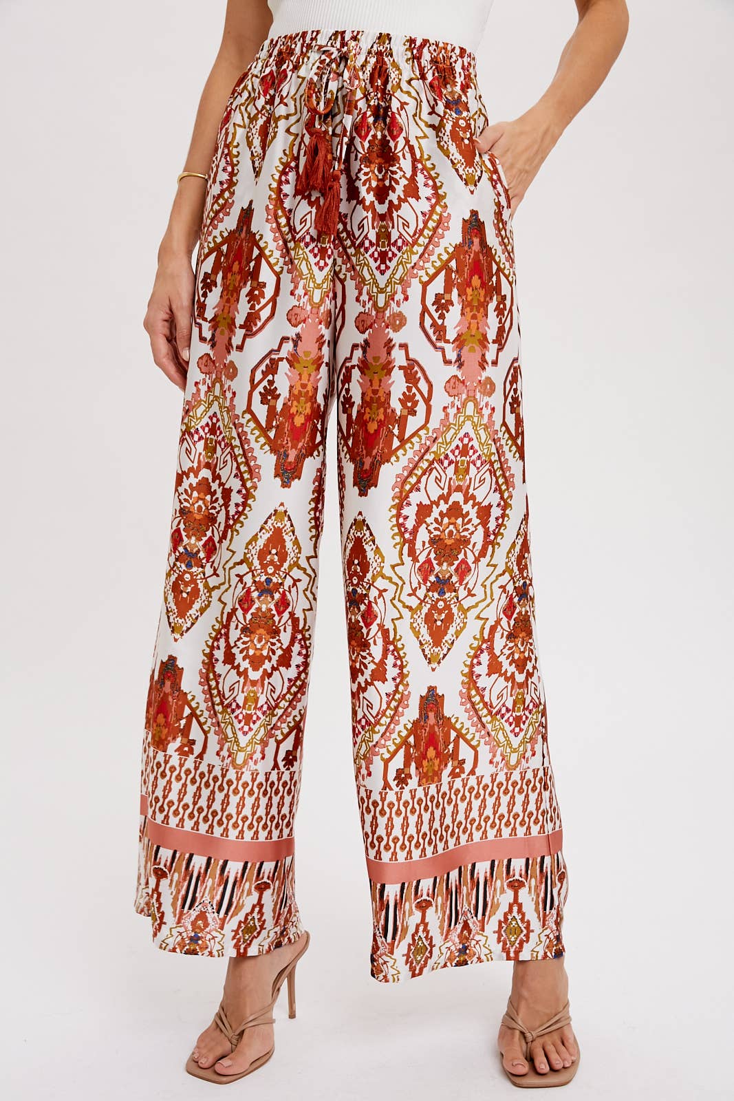 BORDER PRINT WIDE LEG PANTS