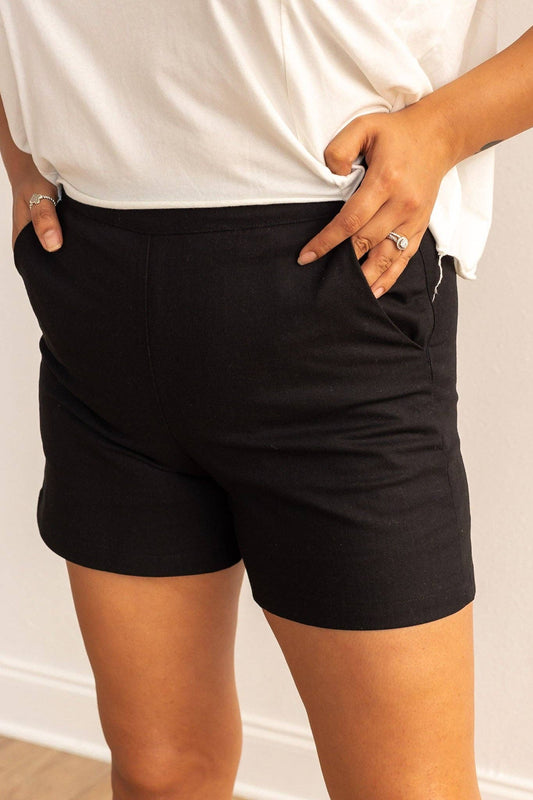 Breezy Palms Black Linen Shorts