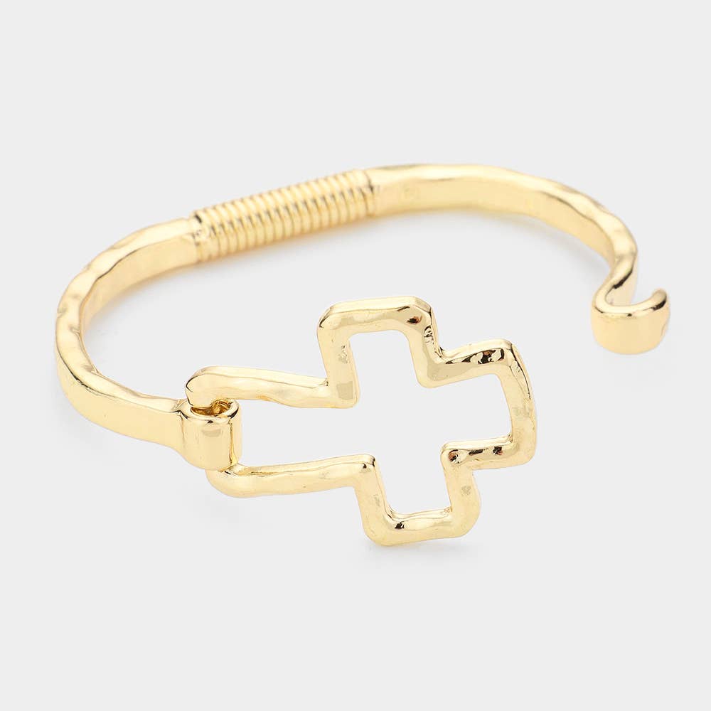Hammered Open Metal Cross Hook Bracelet