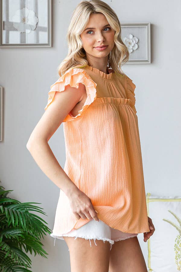 [PLUS SIZE] Crinkle Keyhole Ruffle Mock Neck Blouse T5519XL