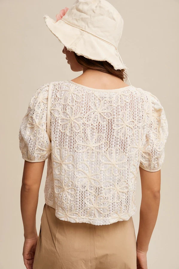 Embroidery Crochet Lace Puff Sleeve Blouse