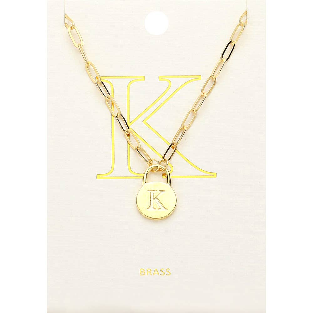 Brass Metal Initial Monogram Lock Pendant Necklace