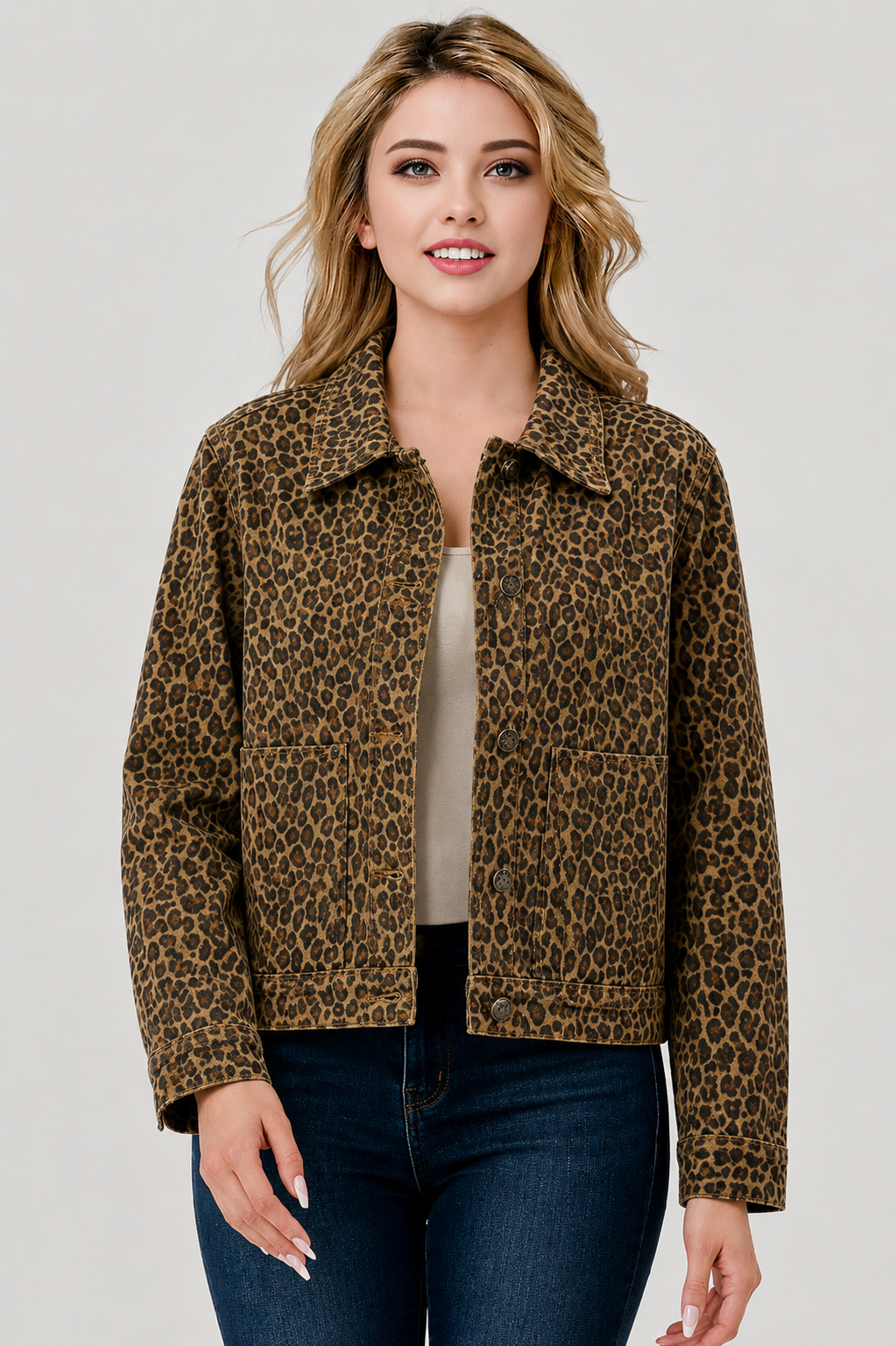 MBT 9925 Leopard Print Soft Washed Denim Jacket