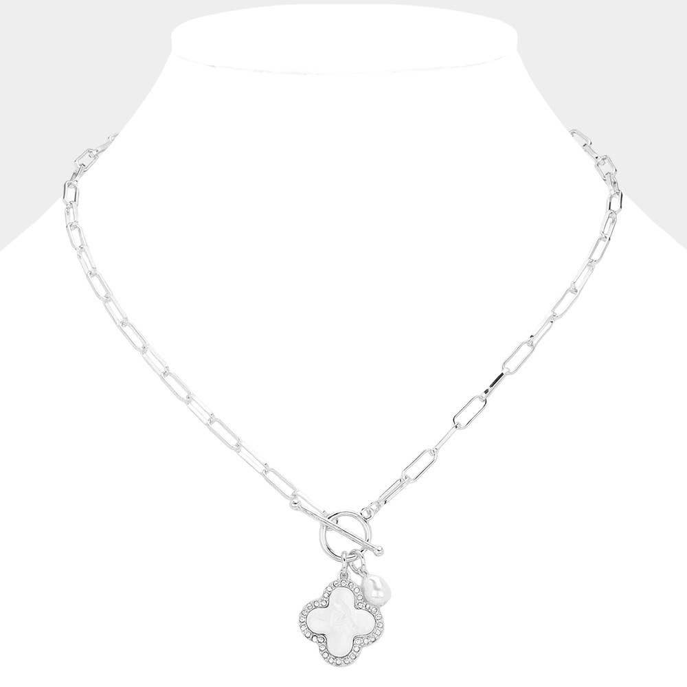 Mother Of Pearl Quatrefoil Pendant Chain Toggle Necklace